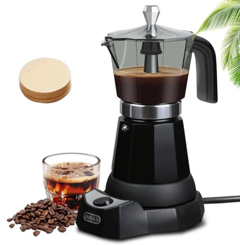 Caffettiera cubana, caffettiera elettrica da 300 ml, moka elettrica da 6 tazze, moka elettrica con base rimovibile e protezione contro il surriscaldamento, regalo per casa e viaggi, colore nero