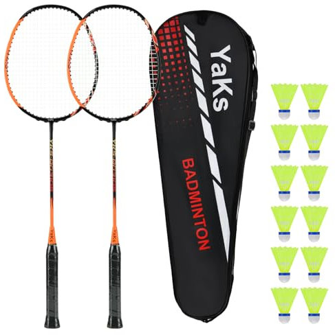 YAKS 2er Set 3U Vollcarbon Badmintonschläger - Leicht & High Performance für Sport, Training und Unterhaltung, inklusive 12 Badminton & Tragetasche