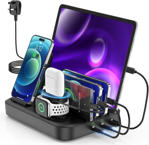 67W 6 In 1 Wireless Charging Station for Multiple Device, 20Wx2 PD Fast Charge Type C, Charging Organizer with USB C/Lightning Cables for iPad/iPhone/Android Tablet/Smart Phone/Apple Watch/AirPod