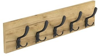 HWS FURNITURE Garderobenleisten, Kleiderhaken Wand– 65 cm – mit soliden 5 Haken Wandaufhänger, Garderobenhaken, Wandgarderobe für Flur, Ankleidezimmer, Schlafzimmer und Badezimmer (Eiche/Schwarz)