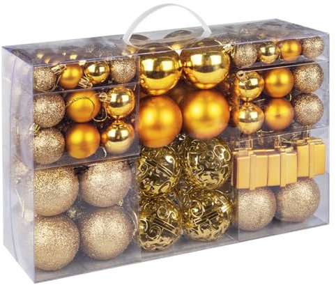ilauke Weihnachtskugeln Set, 105 er Set Weihnachtskugeln Kunststoff Gold, Bruchsicher Christbaumkugeln mit Lanyard, Weihnachtsbaumdeko Weihnachtsschmuck für Drinnen & Draußen, Christbaumschmuck