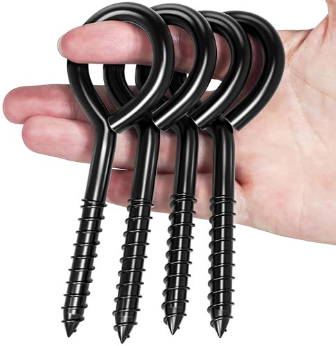 TLAZZ 4 Pack 5 Inch Stainless Steel Eye Bolts Screw in Hooks, Heavy Duty Black Large Screw in Eye Hooks, Eye Hammock Stand Hooks Screw for Hanging, Tie-Downs, Heavy Indoor & Outdoor Uses