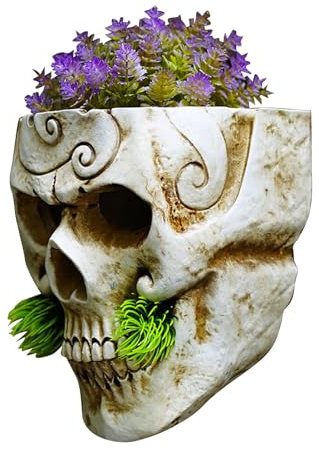 Cache-pot en forme de tête de mort - Pot de fleurs squelette avec motif feuilles de pin - Pot de fleurs en résine pour la maison - Pot de fleurs unique pour l'intérieur - Montage mural pour Halloween
