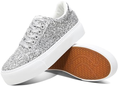 Jeekopeg Glitzer-Plateau-Sneaker für Damen, lässige Pailletten, glitzernde Schuhe, glitzernde dicke Sohle, Wanderschuhe, glänzende Pailletten, Hochzeits-Sneaker für Damen