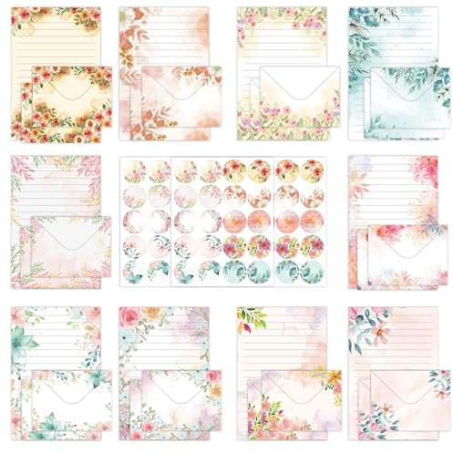 Cyiecw 160 Stück Briefpapier mit Umschlag Set (10 Farben),50 A5 Liniert und 50 Briefumschläge, Aquarell Edel Kinder Mädchen Florales Dekoratives Schreibpapier mit 60 Sticker (Blumen)