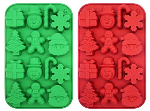 Lot de 2 moules à chocolat en silicone de Noël, moules à fondant en silicone pour Noël, moules à bonbons en silicone pour sapin de Noël, moules à pâtisserie en silicone pour cadeaux, fournitures de