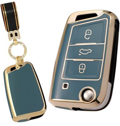 ontto Coque de clé de voiture Porte-clés TPU Bord doré Coque de protection pour VW Golf 7 MK7 Polo Passat Virtus Taigo Nivus Tiguan Taigun Tharu Étui pour clé Accessoires 3 boutons-A Gris