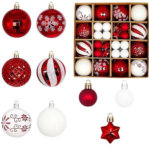 44pcs Christmas Tree Decorations - Red White Baubles Xmas Ball Ornaments 3cm 6cm Mini Hanging Ball Plastic Bulbs for Tree, Home Party, Wedding Decor
