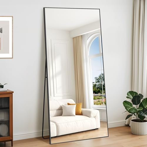 KOCUUY Rechteckig Ganzkörperspiegel, 192 x 85 cm Großer Standspiegel, Groß Wandspiegel mit Schwarz Aluminium Rahmen, Hängend, Stehend, Kippbar, für Wohnzimmer, Schlafzimmer und Flure