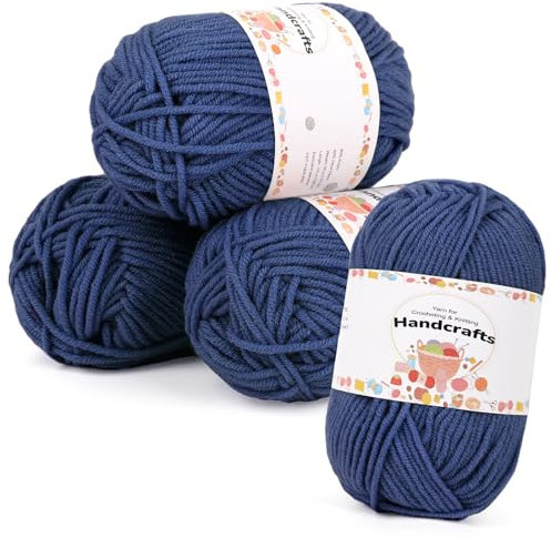 Aeelike 200g(4x50g) Garn Baumwollgarn zum Häkeln, Strickgarn Polyacryl Häkelgarn Bunt Zum Stricken, Häkeln und Kunsthandwerk, 5Ply Acrylwolle Set Baumwolle für Anfänger, Profis, Jean Blau