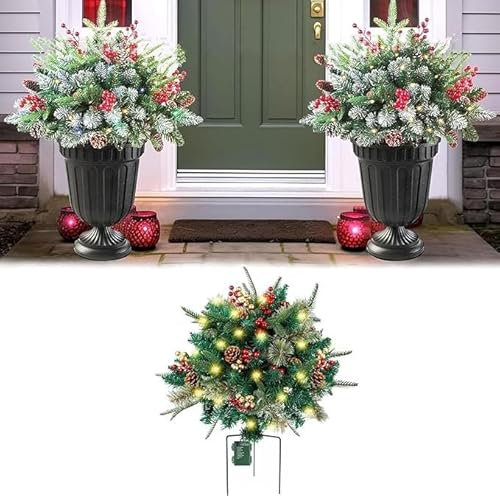 Riempitivo for fioriera natalizia, Riempitivo for fioriera finta, Fioriera finta for le vacanze, Alberi di pino di Natale pre-illuminati a LED, Albero di vegetazione artificiale con coni e bacche ross