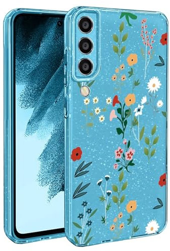 BEENTRYS Blumen Handyhülle für Samsung Galaxy A70,Glitzer Floral Aesthetic Design Frauen Mädchen Stoßfeste Weiche TPU Silikon Glitter Schutzhülle für Samsung Galaxy A70(S202-Blau)