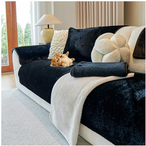QSZTJJ Samt Sofabezug 1 2 3 4 Sitzer, L Form Sofaüberwurfe, Ultra Weicher Sofaschoner,Überzug Couchbezug Sofa/Couch Wurfdecke Eckcouch 3/2/1 Sitzer Sofaschutz (Schwarz,90×120cm)