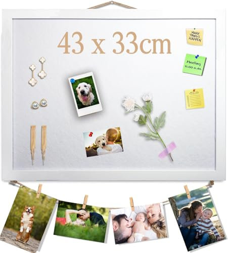 Weiß Pinnwand aus Kork mit Filz, 43x33CM kleines Anzeigebrett für Wände, Schmuck, Notizen, Sammlungen, Fotos, Büro, Weiß Holzrahmen & Filz, 1 Stück. DE