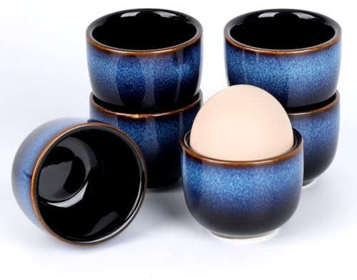 VHUTOU Lot de 6 Coquetier Oeuf, Coquetiers en Céramique Bleue, Coquetiers pour Les Tables de Petit Déjeuner, Dimensions : Ø 5 cm, Hauteur : 3.8 cm