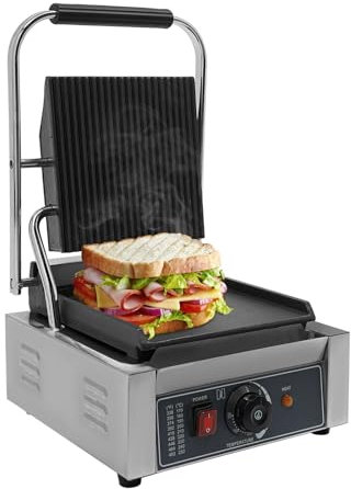 Commercial Electric Panini Press Grill 1800W Stainless Steel Sandwich Toaster with Removable Grease Tray 50-300℃ Adjustable Temperature for Grilling Bread, Panini Sandwiches, Hamburgers