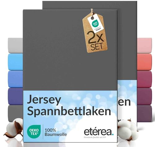 etérea Jersey 2er Set Spannbettlaken 90x200cm - 100x200cm Anthrazit bis 25 cm Höhe - 100% Baumwolle Spannbetttuch Oekotex - Doppelpack Bettlaken 90x200 cm - 100x200 cm - Dunkelgrau