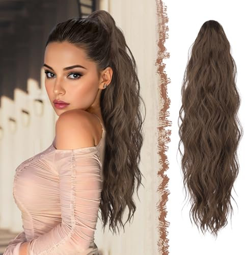 FESHFEN Extension Queue de Cheval avec Pince - Postiche Cheveux Naturel Ondulé Longue Ponytail Extensions Synthétique Fausse Rajout Postiches pour Femmes, 63 cm Châtain