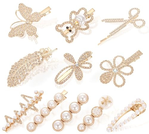 11 Stück Haarspange Gold Haarspangen Perlen Strass Spangen Haare Glitzer Hochzeit Kristall Blume Clip Schmetterling Haarklammer Französische Haarclips Kopfstücke Schmuck für Damen Mädchen