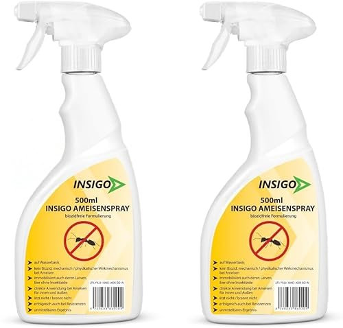INSIGO Ameisen Abwehrspray 2x500ml - Ameisenmittel mit mechanischer Wirkung auf Ameisen - Effektiver Schutz für Haus & Garten - Ameisen Spray mit Sofortwirkung