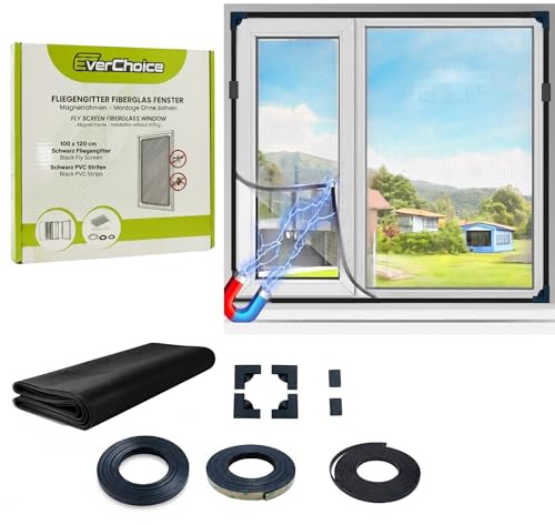EverChoice Magnetisches Fliegengitter für Fenster | 100x120 cm | Schwarz | Insektenschutzgitter Fenster ohne Bohren | Zuschneidbares Mückennetz mit Magnetrahmen | Fliegennetz