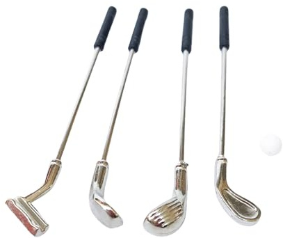 Montesy Packung mit 5 Miniatur-Golfschlägern und Bällen für 1/12 Puppenhäuser, Outdoor-Spielen, realistische und lustige Display-Dekorationen
