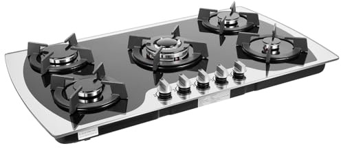 Fornello a gas a 5 fuochi con piano in vetro temperato, 5 bruciatori separati con accensione a impulsi, adatto per gas liquefatto/gas naturale, nero