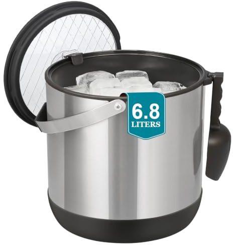 6.8L Eiswürfelbehälter mit Deckel und Schaufel (Schwarz) | Großer Doppelwandiger Isolierter Eiskübel für Partys & Cocktailbar,BPA-freier
