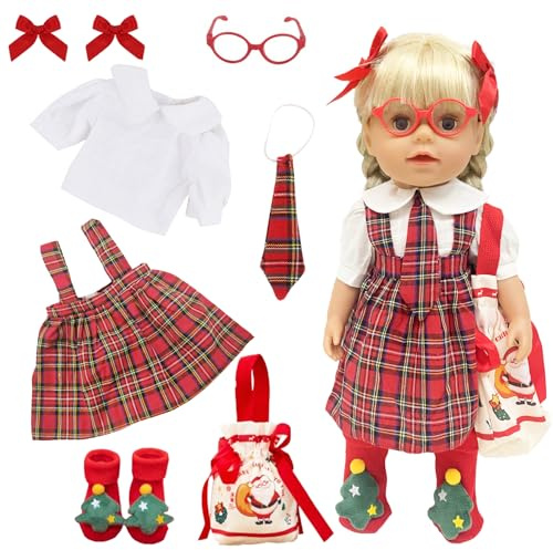 Zouonou Puppenkleidung Weihnachten 35-43cm, 9 Stück Puppenkleider für 14-18 Zoll Puppen Enthält Rot Karierten Overall Kleid, Zubehör, Weihnachtsstrumpf, Tasche für Weihnachtstag, Winterurlaub