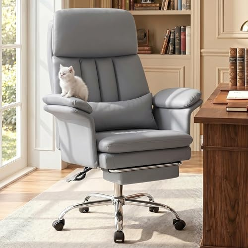 Hellove Chaise de Bureau Ergonomique avec Soutien Lombaire – Fauteuil Pivotante en Cuir PU, Dossier Haut Inclinable 135° avec Repose‑Pieds Rétractable, Structure 200kg pour Home Office, Gris