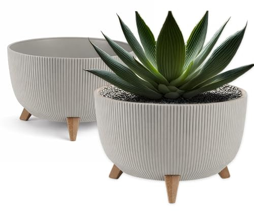 FEINZ Vaso Da Fiori Con Gambe 40 cm, Beige, Con Inserto E Drenaggio | Per Interno/Esterno, Resistente Intemperie, Stile Scandinavo Effetto Legno
