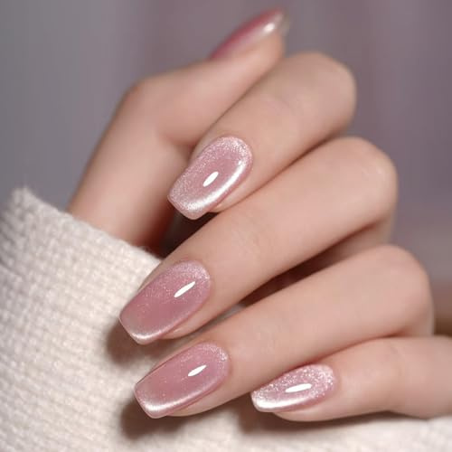 Ceboic 24Pcs Pink Cat Eye French False Nails, Short Square Press on Nails, Acrylic Artificial Fake Nail, Solid Color Glossy Full Cover Stick on Nail, Reusable Glue on Nails for Women Girls Daily Wear