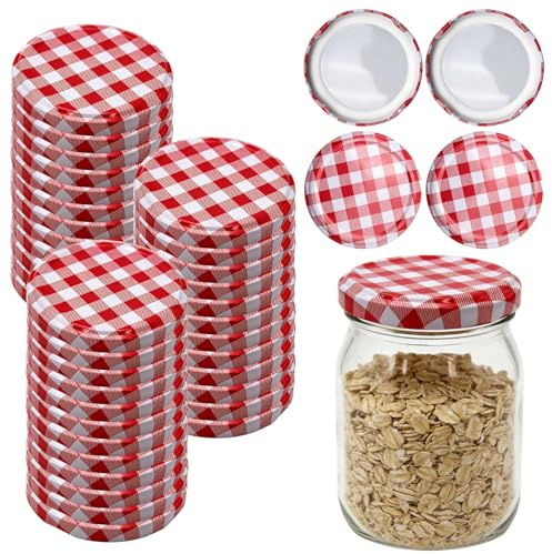 TETEWEVER 40 Stück Twist Off Deckel 73 mm Schraubdeckel für Gläser | Ersatzdeckel Marmeladengläser Deckel Metall Deckel für Gläser Rot-Weiß Kariert für Einmachgläser mit 65 mm Durchmesser