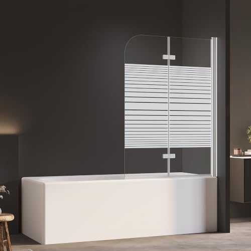 AmuseVera Duschwand für Badewanne Faltbar 2-teilig 100 x 140 cm Badewannenaufsatz Duschabtrennung mit Streifen Milchglas Badewannenfaltwand aus 6mm ESG Sicherheitsglas mit Nano-Beschichtung