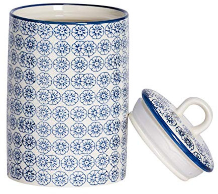Nicola Spring Patterned Kitchen Canister - 1 Litre - Navy Porcelain Hand Printed Kitchen Storage Jar Airtight Biscuit Barrel for Biscuits, Oats, Tea, Coffee