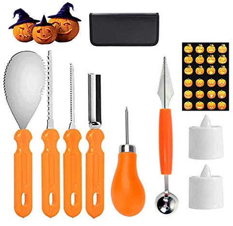 Herefun Halloween Kürbis Schnitzset 9 Stück, Edelstahl Kürbis Schnitzwerkzeuge Zum Aushöhlen von Kürbissen Schnitz-Werkzeug mit Aufbewahrungstasche, Schnitz-Vorlagen und Kerze