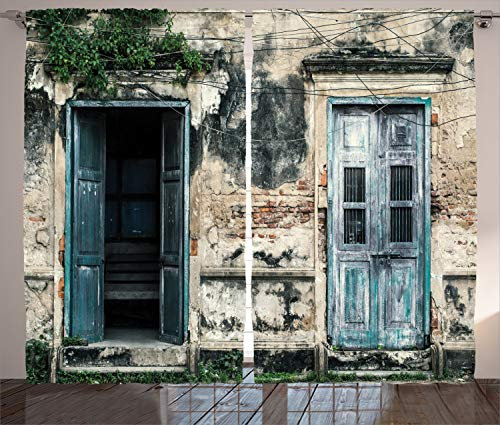 ABAKUHAUS Rustikal Rustikaler Gardine, Türen von Old Rock House, Schlafzimmer Kräuselband Vorhang mit Schlaufen und Haken, 280 x 175 cm, Grau Teal