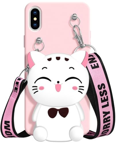 Münzgeldhülle kompatibel mit iPhone XR, süßes Schweinchen Design mit Reißverschluss Back Cover Weiches Silikon Stoßfest Schutzhülle [Langes Band ], iPhone X / XS, Cat White