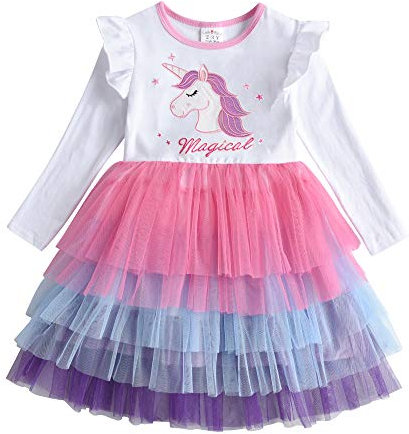 DXTON Vestito da Ragazza Principessa Unicorno Abito Bambina Festa Manica Lunghe Tulle BiancoLh4980 4T