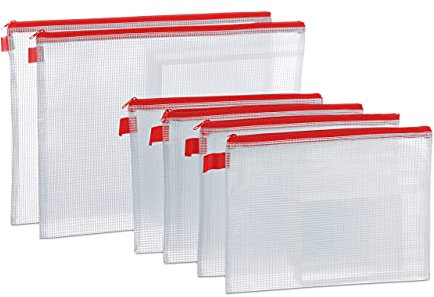 Relaxdays Dokumententasche 6 Stück, DIN A4 & A5, Reißverschluss, Schlaufe, Dokumentenmappe Reise, PVC, klar/rot
