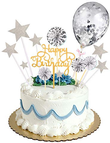 Happy Birthday Cake Topper Silver Kit,Personalised Cake Toppers for Men Boys Women Girls Birthday Party Cake Decorations Kit with Star Heart Cupcake Topper
