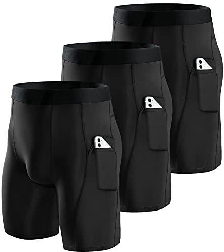 Niksa 3er Pack Herren Kompressionsshorts Schnelltrocknendes Base Layer Tights Sport Unterhosen für Enge trockene und atmungsaktive Radlerhose, Sportshorts mit Handytasche