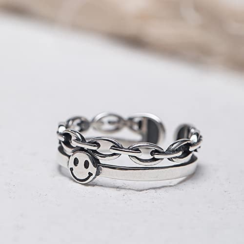 sis-woner Mode 925 Silber Retro Smiley Ring Kette Zeigefinger Ring