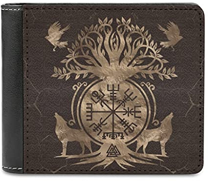 Herren Geldbörse aus Leder Portemonnaie Wikinger Vegvisir Kompass Baum Wolf Mode Geldbeutel Brieftasche Kreditkarten Halter Geldclip für Männer White One Size