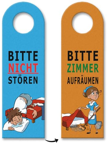 Türhänger 10er Set mit Comic-Motiv - Bitte nicht stören oder Bitte Zimmer aufräumen mit witzigen Illustrationen von Zimmermädchen und schlafendem Mann für Hotelzimmer oder als