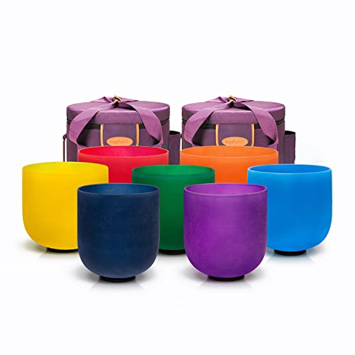 TOPFUND 432Hz Chakra Set of 7 Color Crystal Singing Bowls 6-10 inch with Heavy Duty Carrying Cases and Singing Bowl Mallets