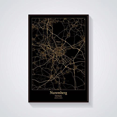 YMXCNM Nürnberg Deutschland Stadtplan Leinwand Bilder Moderne Schwarzgold Poster Kunstwerk Ungerahmte Bilder Drucke Personalisierung Gemälde Souvenir Geschenk Wohnkultur, 30X40Cm / 11.81X15.74 In
