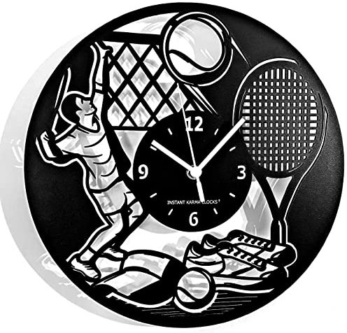 Instant Karma Clocks Wanduhr Tennis Spieler Schläger Tennisspieler Sport Kugel Geschenkidee, Schwarz, 30cm
