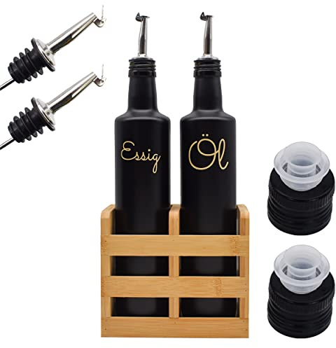 Essig Öl Flaschen Set - 500 ml Flaschen in schwarz - 2 Edelstahl Ausgießer - Bambus-Behälter - 2x Deckel in schwarz… (Schriftfarbe: Shimmer-Gold)