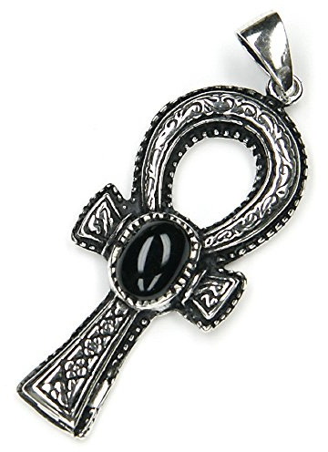 NKlaus Kettenanhänger Ankh Onyx Stein 925 Silber 3,7cm | Amulett Kreuz des Lebens